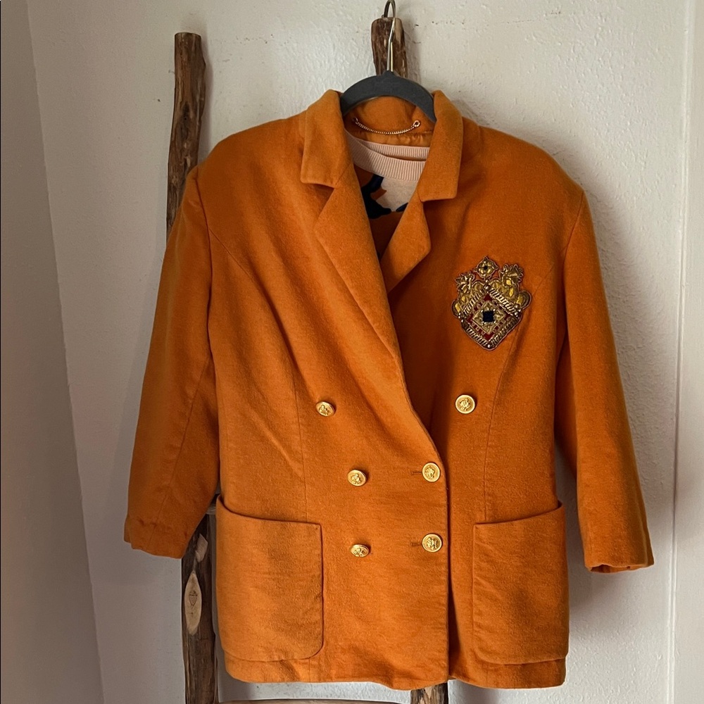 Louis Feraud Saffron Wool Blend Double Breasted Blazer with Gold Crest & Buttons